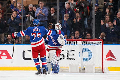 NEW YORK, NY – NOVEMBER 20: Henrik Lundqvist #30 and Brady Skjei #76 of the New York Rangers celebrate after defeating the Washington Capitals at Madison Square Garden on November 20, 2019 in New York City. (Photo by Jared Silber/NHLI via Getty Images)