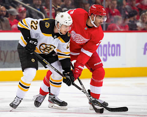 DETROIT, MI – NOVEMBER 08: Peter Cehlarik #22 of the Boston Bruins battles for position with Andreas Athanasiou #72 of the Detroit Red Wings during an NHL game at Little Caesars Arena on November 8, 2019 in Detroit, Michigan. Detroit defeated Boston 4-2. (Photo by Dave Reginek/NHLI via Getty Images)