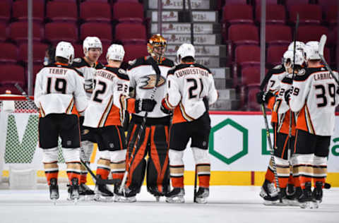 MONTREAL, QC – JANUARY 27: The Anaheim Ducks celebrate their victory against the Montreal Canadiens at Centre Bell on January 27, 2022 in Montreal, Canada. The Anaheim Ducks defeated the Montreal Canadiens 5-4. (Photo by Minas Panagiotakis/Getty Images)