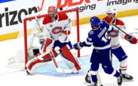 TAMPA, FLORIDA – JULY 07: Carey Price #31 of the Montreal Canadiens makes the save against Barclay Goodrow #19 of the Tampa Bay Lightning during the third period in Game Five of the 2021 NHL Stanley Cup Final at Amalie Arena on July 07, 2021 in Tampa, Florida. (Photo by Mike Ehrmann/Getty Images)