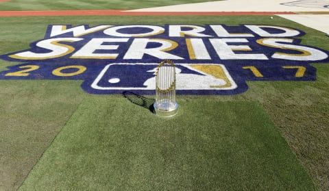 LOS ANGELES, CA – NOVEMBER 1: The Commissioners trophy is seen on the field before Game 7 of the 2017 World Series between the Houston Astros and the Los Angeles Dodgers at Dodger Stadium on Wednesday, November 1, 2017 in Los Angeles, California. (Photo by LG Patterson/MLB Photos via Getty Images)