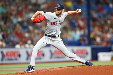 Jul 12, 2022; St. Petersburg, Florida, USA; Boston Red Sox starting pitcher Chris Sale (41) throws a pitch against the Tampa Bay Rays in the first inning at Tropicana Field. Mandatory Credit: Nathan Ray Seebeck-USA TODAY Sports