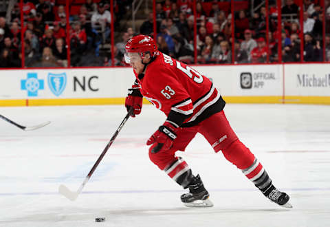 RALEIGH, NC – MARCH 2: Jeff Skinner #53 of the Carolina Hurricanes skates for position on the ice with the puck during an NHL game against the New Jersey Devils on March 2, 2018 at PNC Arena in Raleigh, North Carolina. (Photo by Gregg Forwerck/NHLI via Getty Images)