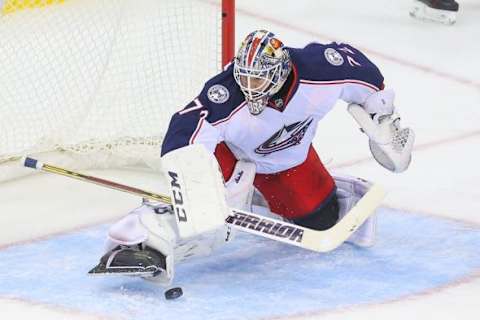 Nov 25, 2015; Newark, NJ, USA; Columbus Blue Jackets goalie Sergei Bobrovsky (72) makes a save during the third period at Prudential Center. The Blue Jackets defeated the Devils 2-1. Mandatory Credit: Ed Mulholland-USA TODAY Sports