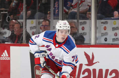 NEWARK, NJ – APRIL 03: Filip Chytil #72 of the New York Rangers skates against the New Jersey Devils at the Prudential Center on April 3, 2018 in Newark, New Jersey. The Devils defeated the Rangers 5-2. (Photo by Bruce Bennett/Getty Images)