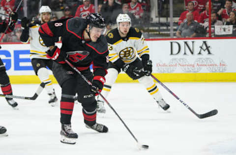 RALEIGH, NC – MAY 14: Carolina Hurricanes right wing Saku Maenalanen (8) drives to the net with the puck during a game between the Boston Bruins and the Carolina Hurricanes on May 14, 2019 at the PNC Arena in Raleigh, NC. (Photo by Greg Thompson/Icon Sportswire via Getty Images)