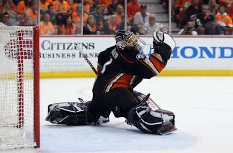 ANAHEIM, CA – MAY 03: Jonas Hiller #1 of the Anaheim Ducks lunges against the Los Angeles Kings in Game One of the Second Round of the 2014 NHL Stanley Cup Playoffs on May 3, 2014. (Photo by Jeff Gross/Getty Images)