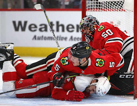 Connor Murphy, Chicago Blackhawks and Robby Fabbri, Detroit Red Wings (Photo by Jonathan Daniel/Getty Images)