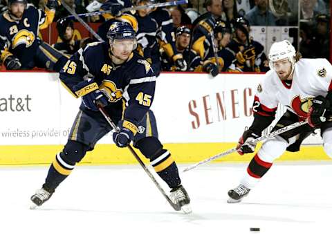 BUFFALO, NY – MAY 12: Dmitri Kalinin #45 of the Buffalo Sabres skates with the puck in Game 2 of the 2007 Eastern Conference Finals against the Ottawa Senators on May 12, 2007 at the HSBC Center in Buffalo, New York. (Photo by Elsa/Getty Images)