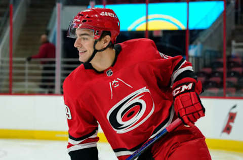 RALEIGH, NC – JUNE 30: Carolina Hurricanes Luke Martin (39) warms up during the Canes Prospect Game at the PNC Arena in Raleigh, NC on June 30, 2018. (Photo by Greg Thompson/Icon Sportswire via Getty Images)