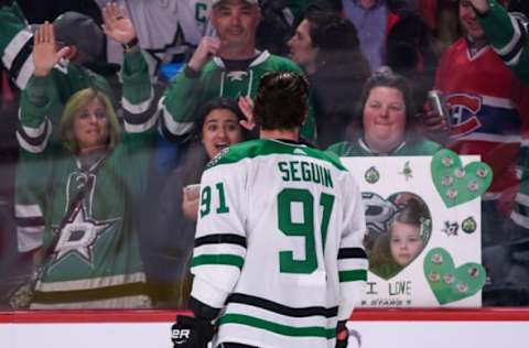 MONTREAL, QC – MARCH 13: Dallas Stars center Tyler Seguin (91) looks at Dallas Stars fans during the warmup of the NHL game between the Dallas Stars and the Montreal Canadiens on March 13, 2018, at the Bell Centre in Montreal, QC(Photo by Vincent Ethier/Icon Sportswire via Getty Images)