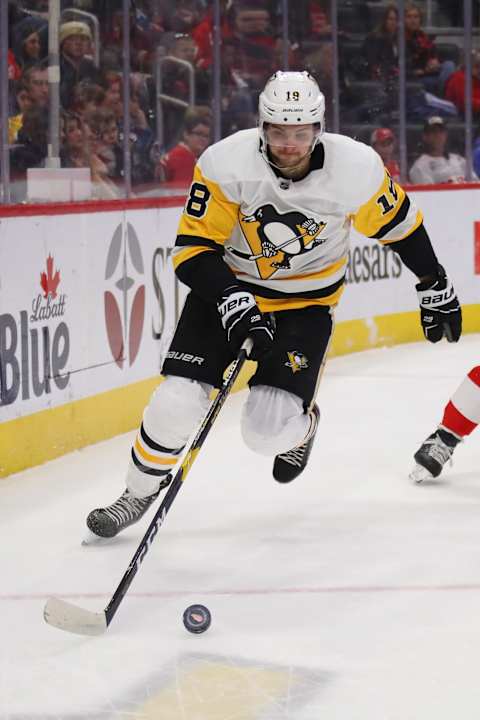 DETROIT, MICHIGAN – JANUARY 17: Alex Galchenyuk #18 of the Pittsburgh Penguins . (Photo by Gregory Shamus/Getty Images)