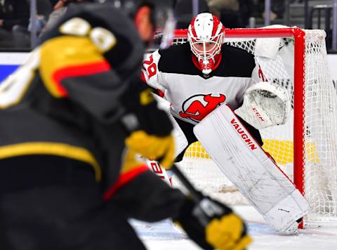 New Jersey Devils goaltender Mackenzie Blackwood (29): (Stephen R. Sylvanie-USA TODAY Sports)