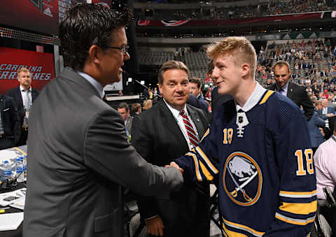 DALLAS, TX – JUNE 23: Matej Pekar greets his team after being selected 94th overall by the Buffalo Sabres during the 2018 NHL Draft at American Airlines Center on June 23, 2018 in Dallas, Texas. (Photo by Brian Babineau/NHLI via Getty Images)