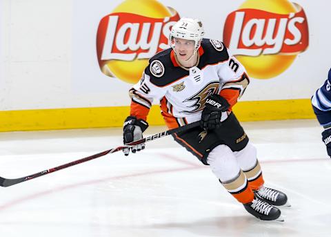 WINNIPEG, MB – JANUARY 13: Jakob Silfverberg #33 of the Anaheim Ducks keeps an eye on the play during second period action against the Winnipeg Jets at the Bell MTS Place on January 13, 2019 in Winnipeg, Manitoba, Canada. The Jets defeated the Ducks 4-3 in overtime. (Photo by Jonathan Kozub/NHLI via Getty Images)