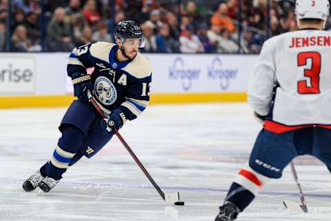 Jan 5, 2023; Columbus, Ohio, USA; Columbus Blue Jackets left wing Johnny Gaudreau (13) skates with the puck against the Washington Capitals in the second period at Nationwide Arena. Mandatory Credit: Aaron Doster-USA TODAY Sports