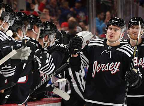 NEWARK, NEW JERSEY – MARCH 30: Timo Meier #96 of the New Jersey Devils celebrates his first-period powerplay goal against the New York Rangers at the Prudential Center on March 30, 2023, in Newark, New Jersey. (Photo by Bruce Bennett/Getty Images)