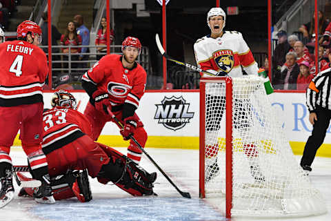 RALEIGH, NC – NOVEMBER 07: Florida Panthers Right Wing Nick Bjugstad (27) reacts after missing a wide ion net during a game between the Florida Panthers and the Carolina Hurricanes at the PNC Arena in Raleigh, NC on November 7 2017. Carolina defeated Florida 3-1. (Photo by Greg Thompson/Icon Sportswire via Getty Images)