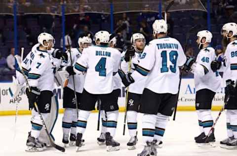 NHL Predictions: The San Jose Sharks celebrate defeating the St. Louis Blues after game two of the Western Conference Final of the 2016 Stanley Cup Playoff at Scottrade Center. The Sharks won 4-0. Mandatory Credit: Aaron Doster-USA TODAY Sports