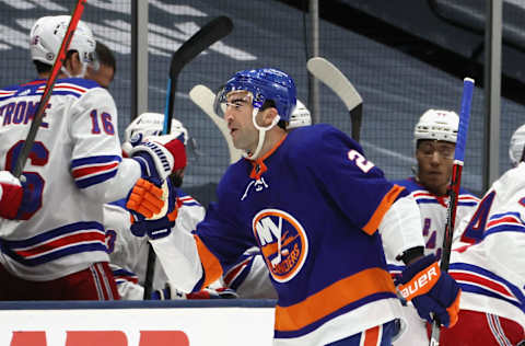 UNIONDALE, NEW YORK – APRIL 11: Kyle Palmieri #21 of the New York Islanders  . (Photo by Bruce Bennett/Getty Images)