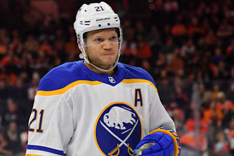 Apr 17, 2022; Philadelphia, Pennsylvania, USA; Buffalo Sabres right wing Kyle Okposo (21) against the Philadelphia Flyers at Wells Fargo Center. Mandatory Credit: Eric Hartline-USA TODAY Sports