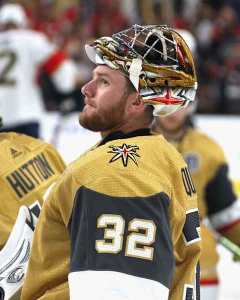 LAS VEGAS, NEVADA – JUNE 03: Jonathan Quick #32 of the Vegas Golden Knights skates in warmups prior to the game against the Florida Panthers in Game One of the 2023 NHL Stanley Cup Final at T-Mobile Arena on June 03, 2023 in Las Vegas, Nevada. (Photo by Bruce Bennett/Getty Images)