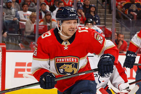 SUNRISE, FL – MAY 11: Sam Reinhart #13 of the Florida Panthers skates against the Washington Capitals in Game Five of the First Round of the 2022 NHL Stanley Cup Playoffs at the FLA Live Arena on May 11, 2022 in Sunrise, Florida. The Panthers defeated the Capitals 5-3. (Photo by Joel Auerbach/Getty Images)