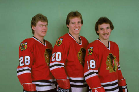 Steve Larmer, Al Secord, and Denis Savard of the Chicago Black Hawks. (Photo by Bruce Bennett Studios via Getty Images Studios/Getty Images)