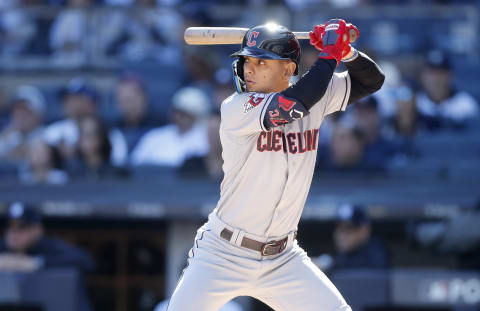 NEW YORK, NEW YORK – OCTOBER 14: (NEW YORK DAILIES OUT) Andres Gimenez #0 of the Cleveland Guardians in action against the New York Yankees during game two of the American League Division Series at Yankee Stadium on October 14, 2022 in New York, New York. The Guardians defeated the Yankees 4-2 in ten innings. (Photo by Jim McIsaac/Getty Images)