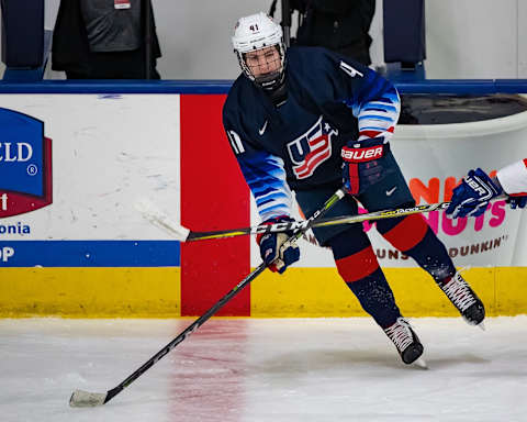 PLYMOUTH, MI – DECEMBER 12: Hunter McKown #41 of the U.S. Nationals follows the play against the Switzerland Nationals during day-2 of game two of the 2018 Under-17 Four Nations Tournament at USA Hockey Arena on December 12, 2018 in Plymouth, Michigan. USA defeated Switzerland 3-1. (Photo by Dave Reginek/Getty Images)