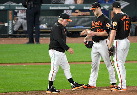 BALTIMORE, MD – SEPTEMBER 28: Baltimore Orioles relief pitcher Tanner Scott (66) hands the ball to manager Buck Showalter (26) during the game between the Houston Astros and the Baltimore Orioles on September 28, 2018, at Orioles Park at Camden Yards in Baltimore, MD. The Houston Astros defeated the Baltimore Orioles, 2-1. (Photo by Mark Goldman/Icon Sportswire via Getty Images)