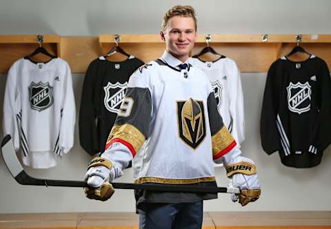 VANCOUVER, BRITISH COLUMBIA – JUNE 22: Kaedan Korczak, 41st overall pick of the Vegas Golden Knights, poses for a portrait during Rounds 2-7 of the 2019 NHL Draft at Rogers Arena on June 22, 2019 in Vancouver, Canada. (Photo by Andre Ringuette/NHLI via Getty Images)