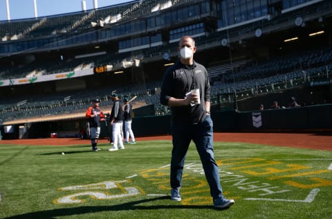 OAKLAND, CA – April 16: General Manager David Forst of the Oakland Athletics on the field before the game against the Detroit Tigers at RingCentral Coliseum on April 16, 2021 in Oakland, California. The Athletics defeated the Tigers 3-0. (Photo by Michael Zagaris/Oakland Athletics/Getty Images)