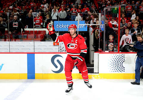 RALEIGH, NC – DECEMBER 16: Jordan Staal #11 of the Carolina Hurricanes is named 3rd star following an NHL game against the Columbus Blue Jackets on December 16, 2017 at PNC Arena in Raleigh, North Carolina. (Photo by Gregg Forwerck/NHLI via Getty Images)