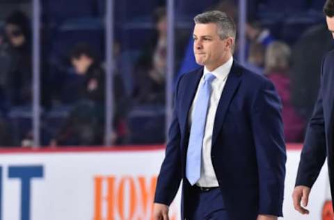 LAVAL, QC – DECEMBER 22: Head coach of the Toronto Marlies Sheldon Keefe looks on after a victory against the Laval Rocket during the AHL game at Place Bell on December 22, 2018 in Laval, Quebec, Canada. The Toronto Marlies defeated the Laval Rocket 2-0. (Photo by Minas Panagiotakis/Getty Images)