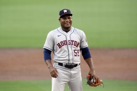 Framber Valdez #59 of the Houston Astros after allowing a hit against the Tampa Bay Rays during the third inning in game one of the American League Championship Series at PETCO Park on October 11, 2020 in San Diego, California. (Photo by Harry How/Getty Images)