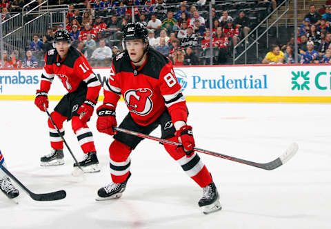 Nikita Okhotiuk #82 of the New Jersey Devils. (Photo by Bruce Bennett/Getty Images)