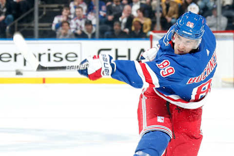 NEW YORK, NY – FEBRUARY 06: Pavel Buchnevich #89 of the New York Rangers shoots the puck against the Boston Bruins at Madison Square Garden on February 6, 2019 in New York City. (Photo by Jared Silber/NHLI via Getty Images)