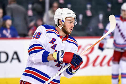 CALGARY, AB – MARCH 15: New York Rangers Left Wing Brendan Lemieux (48) warms up before an NHL game where the Calgary Flames hosted the New York Rangers on March 15, 2019, at the Scotiabank Saddledome in Calgary, AB. (Photo by Brett Holmes/Icon Sportswire via Getty Images)