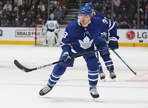 TORONTO, ON – MARCH 31: Justin Holl #3 of the Toronto Maple Leafs   (Photo by Claus Andersen/Getty Images)