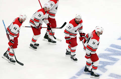 BOSTON, MASSACHUSETTS – MAY 12: Justin Williams #14 of the Carolina Hurricanes celebrates with teammates after scoring a third period goal against the Boston Bruins in Game Two of the Eastern Conference Final during the 2019 NHL Stanley Cup Playoffs at TD Garden on May 12, 2019 in Boston, Massachusetts. (Photo by Adam Glanzman/Getty Images)