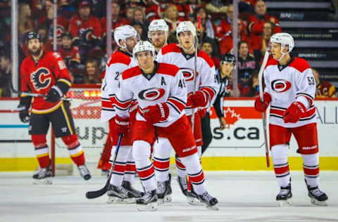 Oct 20, 2016; Calgary, Alberta, CAN; Carolina Hurricanes center Victor Rask (49) celebrates his goal with teammates against Calgary Flames during the first period at Scotiabank Saddledome. Mandatory Credit: Sergei Belski-USA TODAY Sports