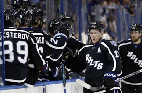 NHL Power Rankings: Tampa Bay Lightning left wing Ondrej Palat (18) is congratulated by teammates after scoring against the Columbus Blue Jackets during the third period at Amalie Arena. The Blue Jackets defeated the Lightning 5-3. Mandatory Credit: Kim Klement-USA TODAY Sports