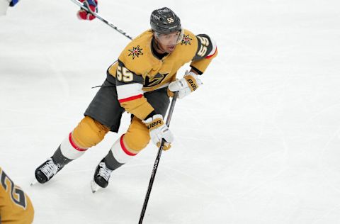 Mar 5, 2023; Las Vegas, Nevada, USA; Vegas Golden Knights right wing Keegan Kolesar (55) skates against the Montreal Canadiens during the third period at T-Mobile Arena. Mandatory Credit: Stephen R. Sylvanie-USA TODAY Sports