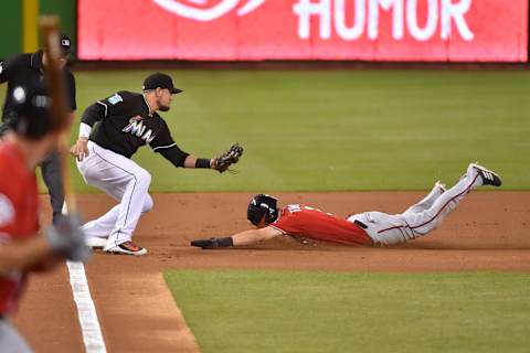 MIAMI, FL – JULY 28: Trea Turner #7 of the Washington Nationals steals third base during the first inning against the Miami Marlins at Marlins Park on July 28, 2018 in Miami, Florida. (Photo by Eric Espada/Getty Images)