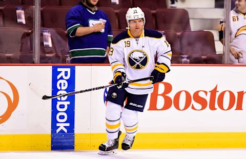 VANCOUVER, BC – JANUARY 30: Cody Hodgson #19 of the Buffalo Sabres skates in the pre-game skate prior to NHL action against the Vancouver Canucks in Vancouver, BC, on January, 30, 2015 at Rogers Arena in Vancouver, British Columbia, Canada. (Photo by Rich Lam/Getty Images)