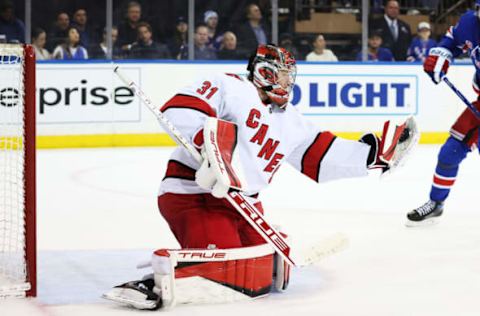 NEW YORK, NEW YORK – APRIL 12: Frederik Andersen #31 of the Carolina Hurricanes makes a save against the New York Rangers during their game at Madison Square Garden on April 12, 2022, in New York City. (Photo by Al Bello/Getty Images)