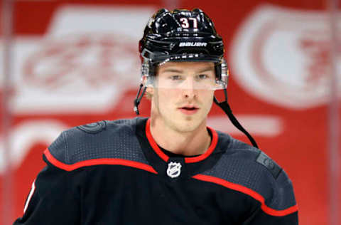 RALEIGH, NORTH CAROLINA – MARCH 04: Andrei Svechnikov #37 of the Carolina Hurricanes skates prior to their game against the Detroit Red Wings at PNC Arena on March 04, 2021, in Raleigh, North Carolina. (Photo by Jared C. Tilton/Getty Images)