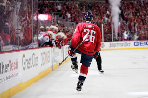 WASHINGTON, DC – APRIL 20: Nic Dowd #26 of the Washington Capitals celebrates after scoring a goal against Petr Mrazek #34 of the Carolina Hurricanes on a penalty shot in the third period in Game Five of the Eastern Conference First Round during the 2019 NHL Stanley Cup Playoffs at Capital One Arena on April 20, 2019 in Washington, DC. (Photo by Patrick McDermott/NHLI via Getty Images)