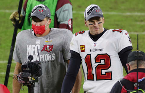 Tom Brady #12 and Rob Gronkowski #87 of the Tampa Bay Buccaneers. (Photo by Stacy Revere/Getty Images)